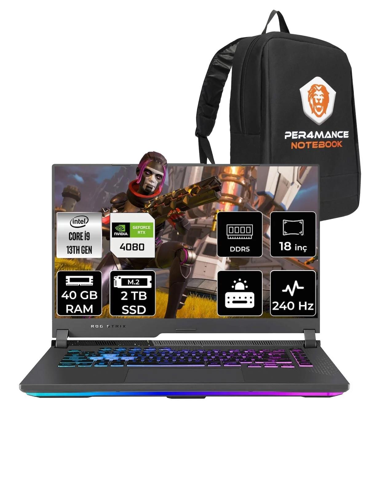 Asus ROG Strix G18 N6002 Harici GeForce RTX 4080 Intel Core i9 13980HX 40 GB Ram 2 TB SSD 18 inç Full HD FreeDos Oyuncu Laptop + PER4 Çanta