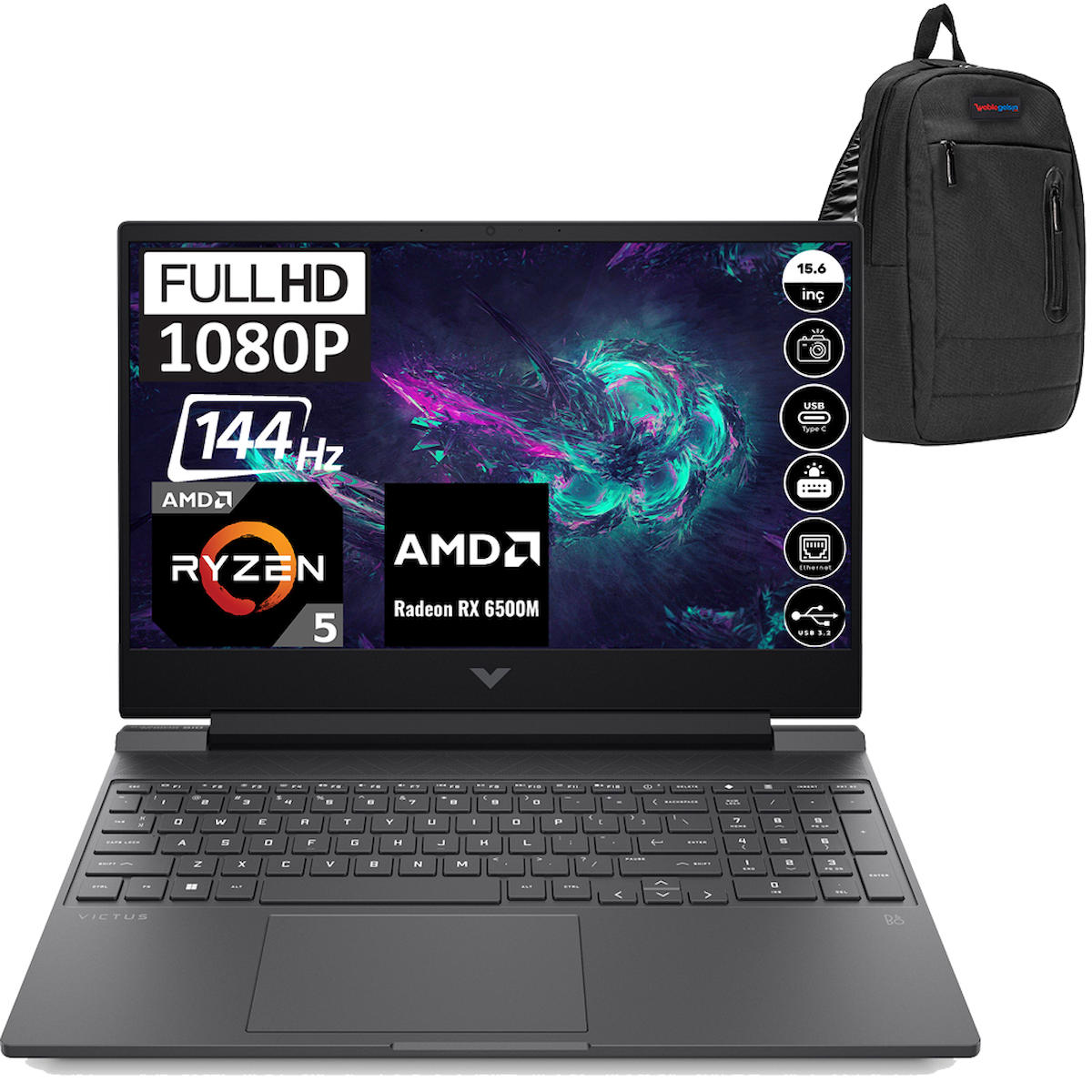 HP Victus Gaming 15 FB0015NT 7J3T4EAF04 Harici AMD Radeon RX 6500M AMD Ryzen 5 5600H 16 GB Ram 512 GB SSD 15.6 inç Full HD FreeDos Laptop + Zetta Çanta