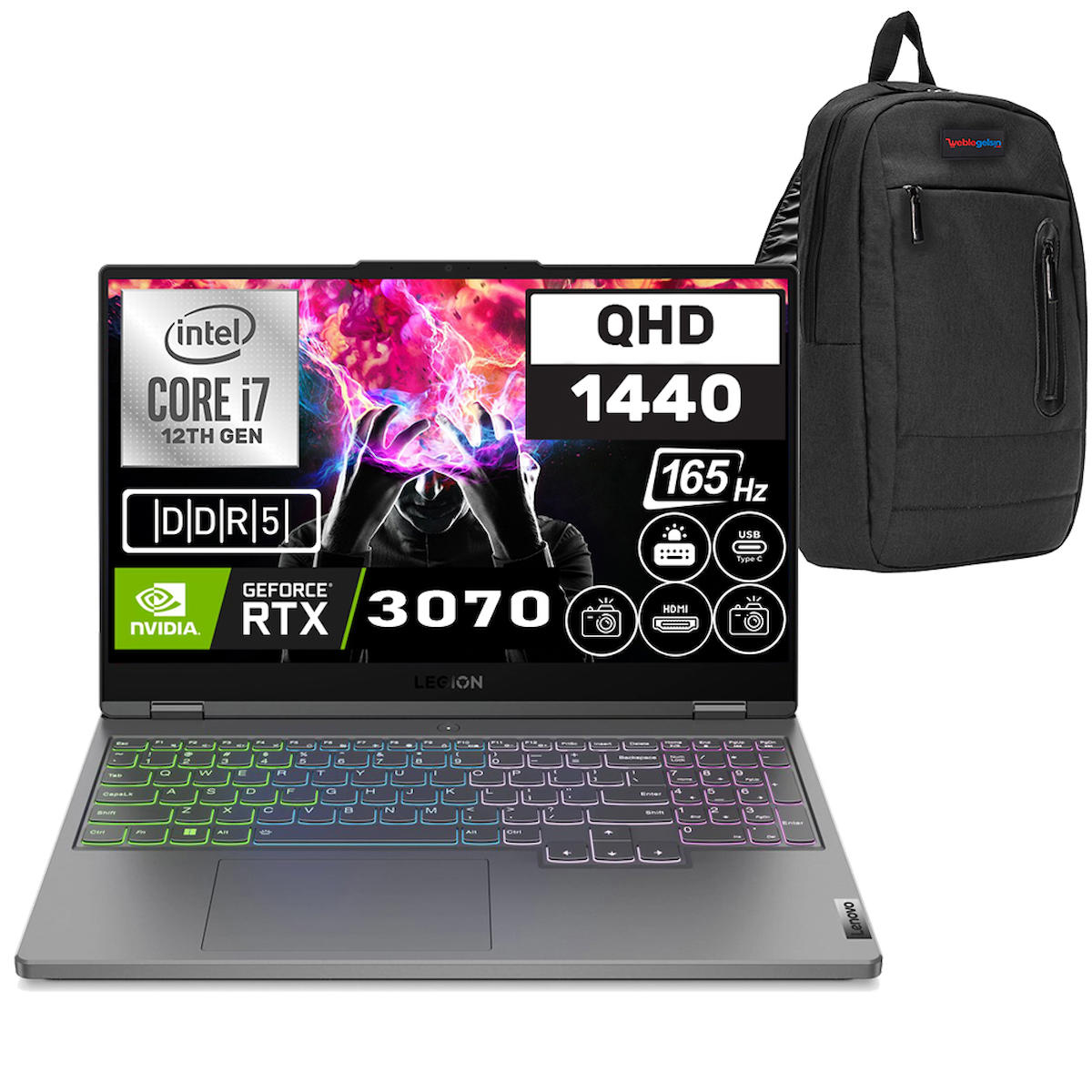 Lenovo Legion 5 82RB00DCTX05 Harici GeForce RTX 3070 Intel Core i7 12700H 32 GB DDR5 Ram 1 TB SSD 15.6 inç QHD FreeDos Oyuncu Laptop + Zetta Çanta