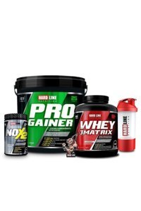 Hardline Nutrition Progainer Çikolata Aromalı 25 Servis Kas Yapıcı Gainer 5000 gr Toz + Whey 3 Matrix 2300 gr + Nox2