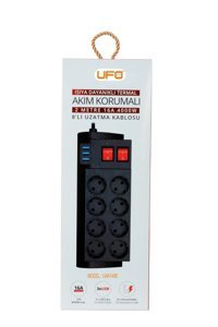 Ufo Electric Uak1456 8'li Soket 2 metre 3'lü USB Kablolu Çiftli Akım Korumalı Priz