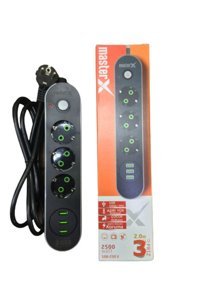 Masterx 8680618318913 3'lü Soket 3'lü USB Kablolu Çiftli Akım Korumalı Priz