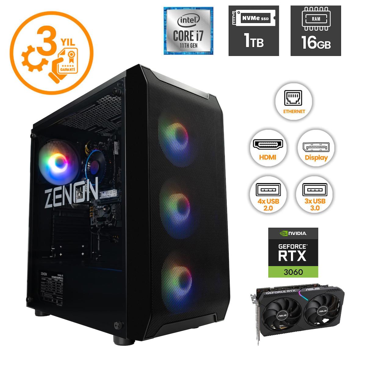 Zenon ZENON RAKS TR102 Harici GeForce RTX 3060 Intel Core i7 11700F 16 GB Ram 1 TB SSD Tower FreeDos Masaüstü Bilgisayar