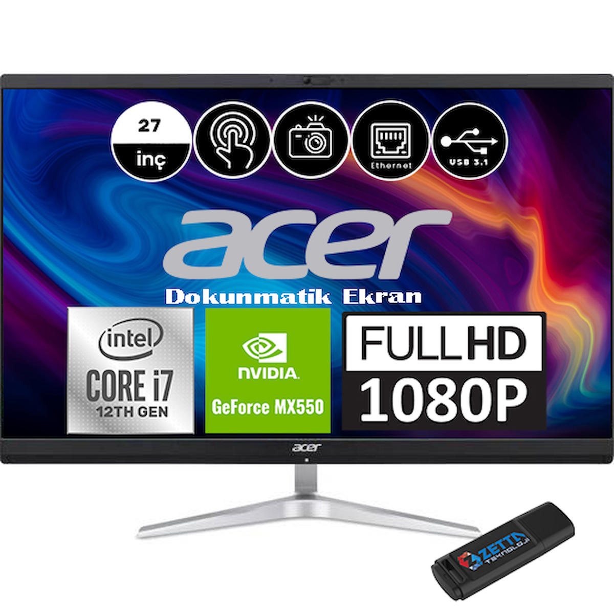 Acer C27-1751 DQBJ9EM006H09 Harici MX 550 Intel Core i7 1260P 64 GB Ram 2 TB SSD 27 inç Full HD Windows 11 Home Dokunmatik All In One Bilgisayar + Weblegelsin Flash Bellek