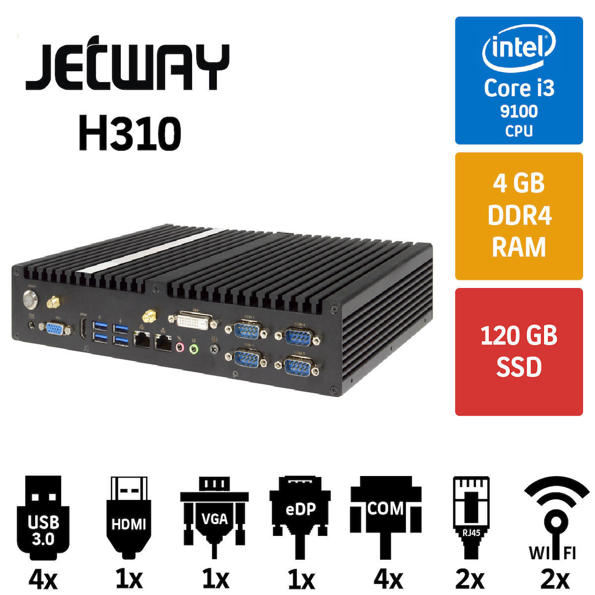 Jetway Endüstriyel Dahili Intel UHD Graphics 630 Intel Core i3 9100 Mini Pc