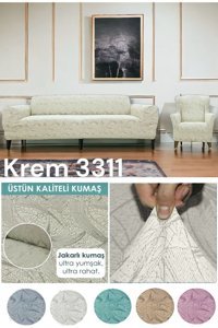 Seltenet Pamuklu - Polyester Likralı Jakarlı Süngersiz Çiçek Desenli Giydirmeli Su Geçirmez Bej Üçlü Koltuk Örtüsü 230x180 cm