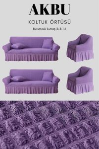 Akbu Pamuklu - Polyester Bürümcük Fırfırlı Süngersiz Giydirmeli Lastikli Lila Tekli Koltuk Örtüsü 183x230 cm