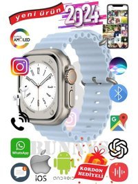 Bunnys Ultra Max 2024 Android GPS 49 mm Silikon Kordon Oval Unisex Akıllı Saat Açık Mavi + Kordon Hediye