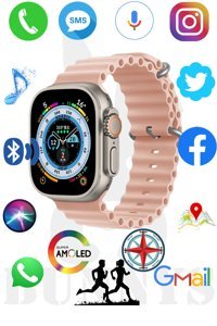 Rabbit Store Watch 8 Ultra Android GPS 49 mm Silikon Kordon Oval Unisex Akıllı Saat Pembe