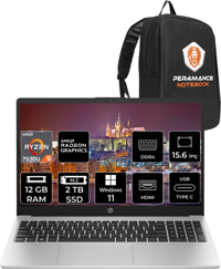 HP 255 G10 8A547EA Harici AMD Radeon RX Vega 7 AMD Ryzen 5 7530U 12 GB Ram 2 + 2 TB SSD 15.6 inç Full HD Windows 11 Pro Laptop + PER4 Çanta