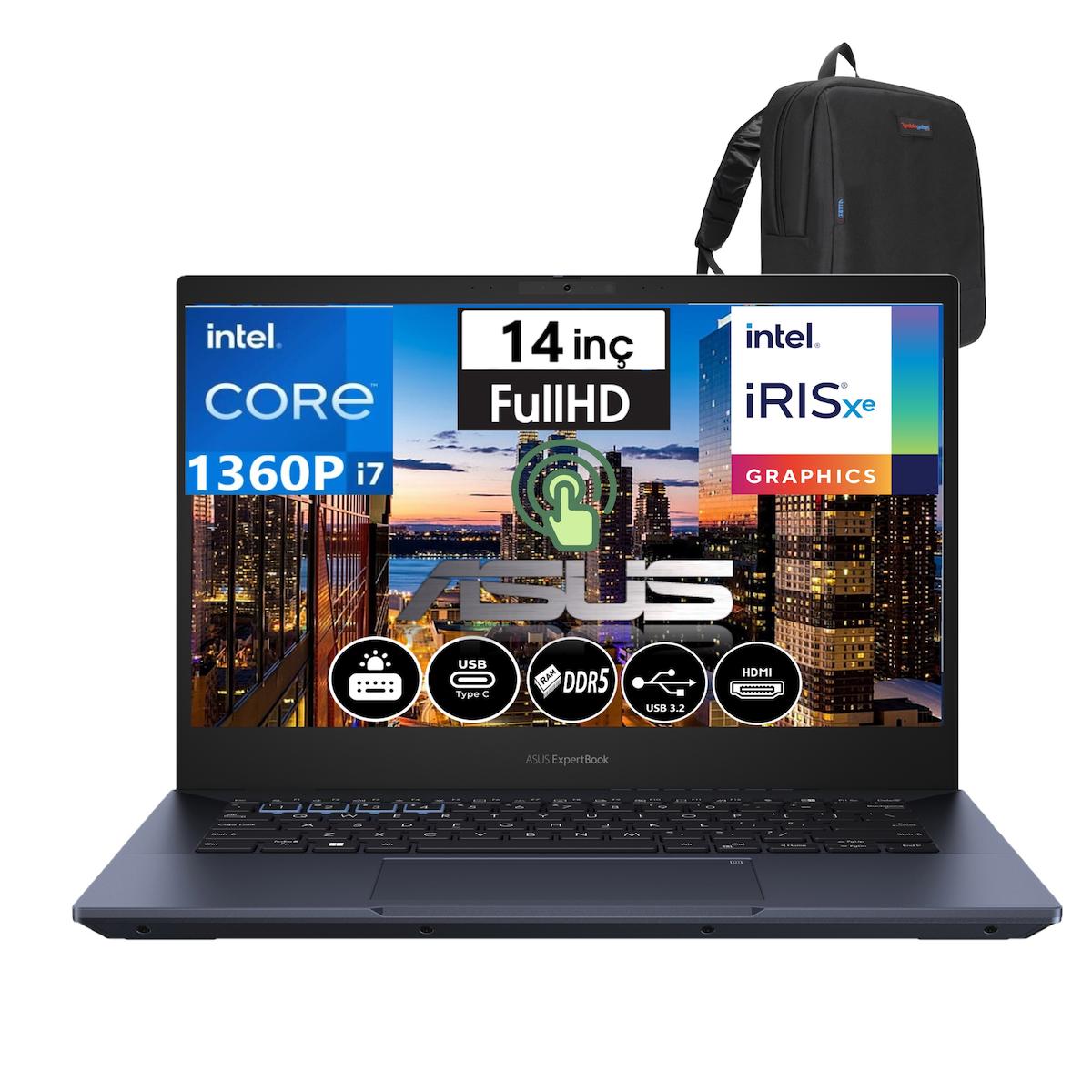 Asus Expertbook B5 FLİP B5402FVA-161TBB1D24 Harici Intel Iris Xe Graphics Eligible Intel Core i7 1360P 40 GB DDR5 Ram 2 + 2 TB SSD 14 inç Full HD Windows 11 Home Dokunmatik 2'si 1 Arada Laptop + Weblegelsin Çanta