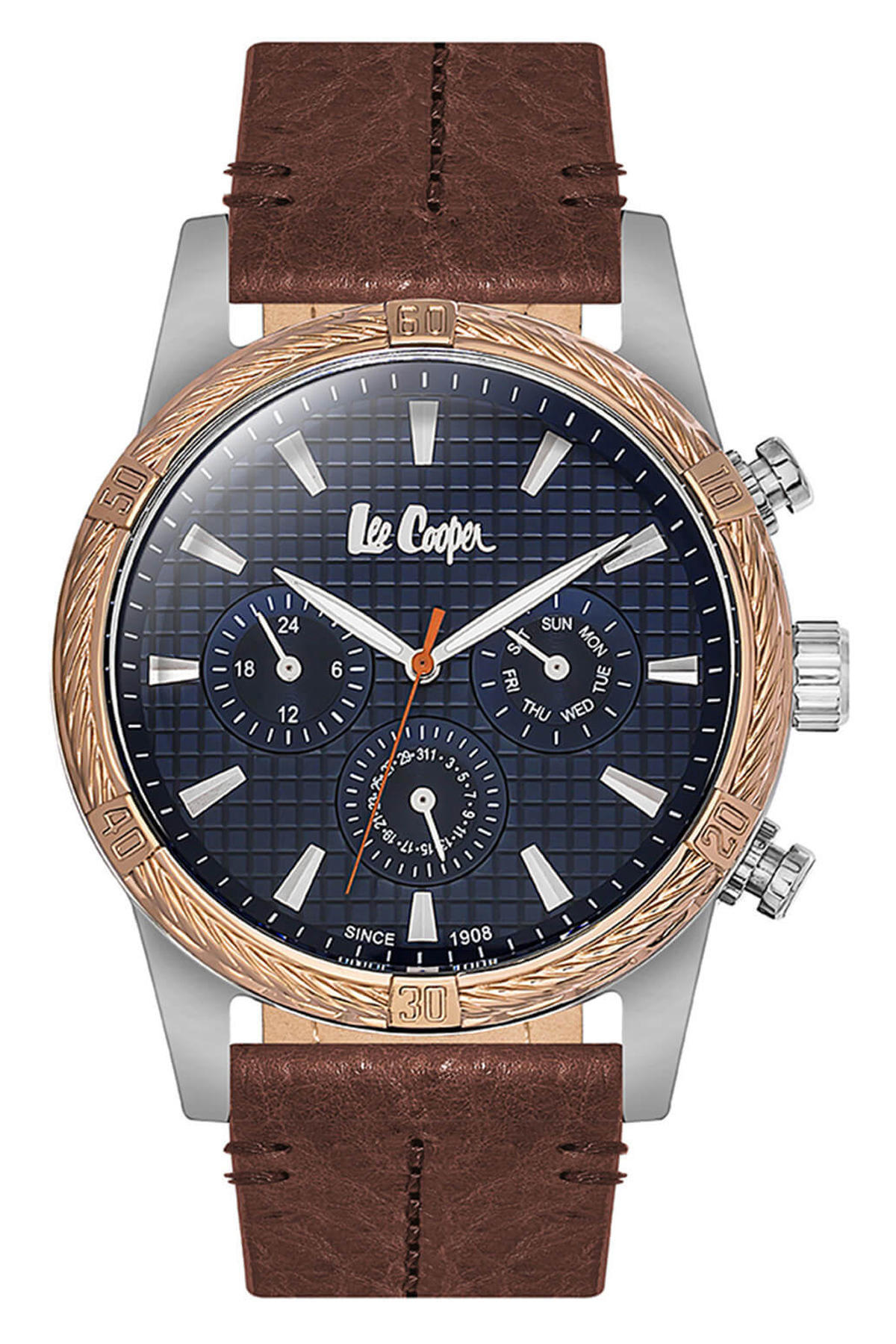 Lee Cooper LC06524.595 Takvimli 45 mm Kahverengi Deri Kordon Analog Erkek Kol Saati