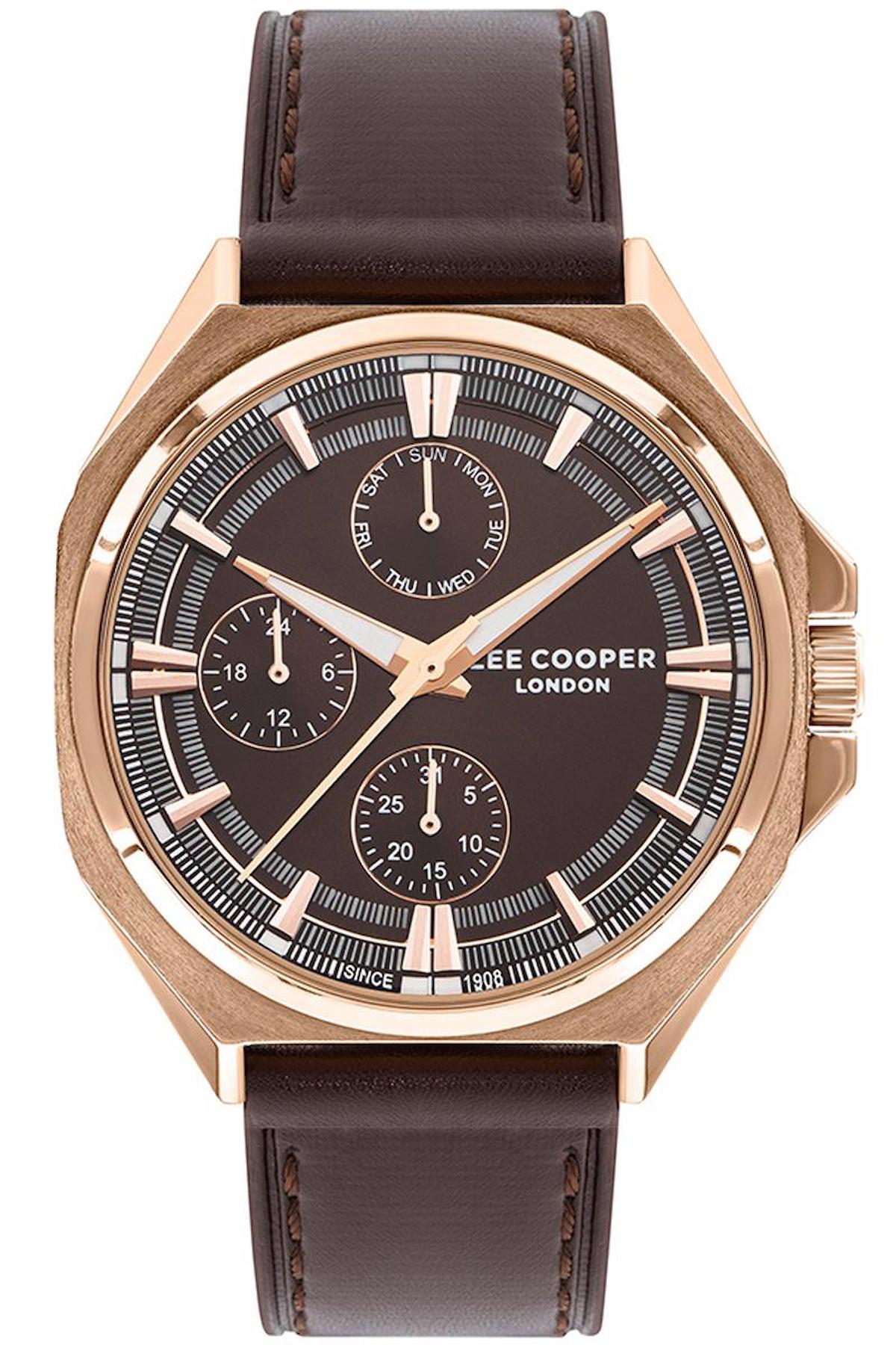 Lee Cooper LC07568.442 Takvimli 44 mm Kahverengi Deri Kordon Analog Erkek Kol Saati