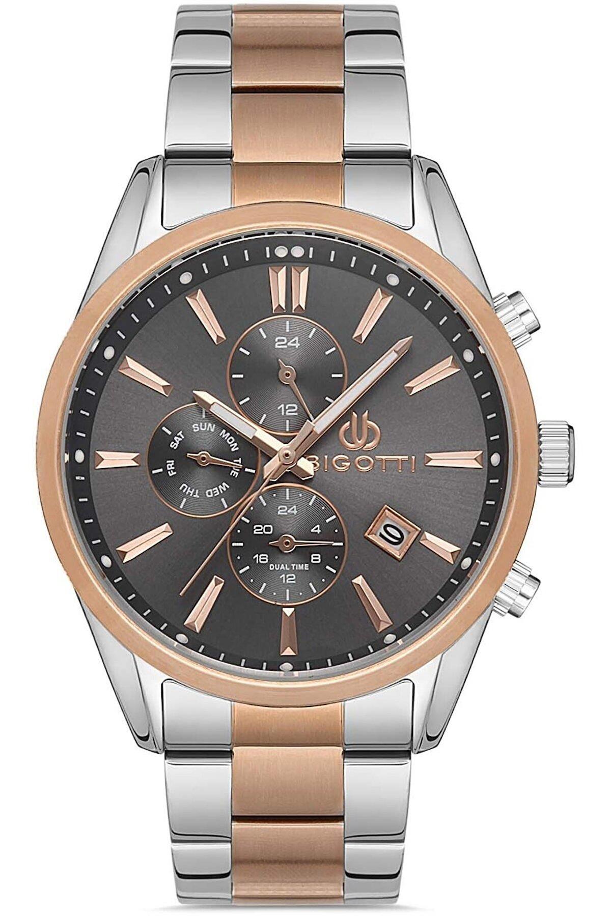 Bigotti BG.1.10238.3 Su Geçirmez Takvimli 46 mm Gri-Rose Gold Çelik Kordon Analog Erkek Kol Saati