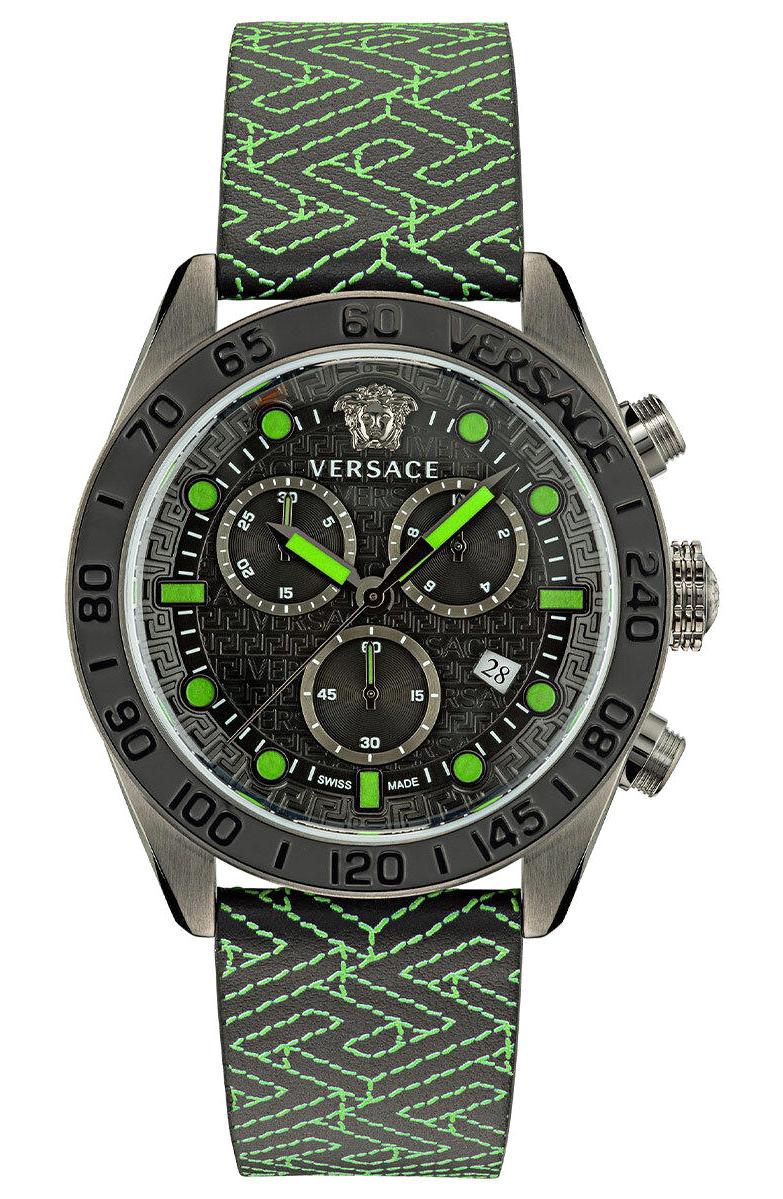 Versace VRSCVE6K00223 Takvimli 43 mm Siyah-Yeşil Deri Kordon Analog Erkek Kol Saati