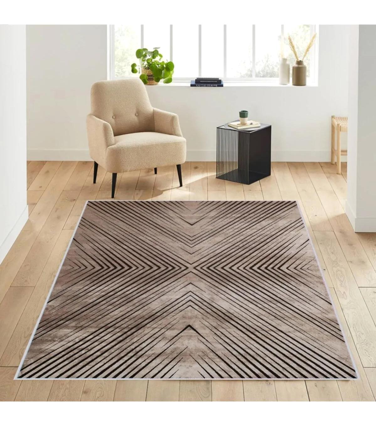 Rovigo Home RVG1757 Kahverengi 8 mm Polyester Antibakteriyel-Leke Tutmaz-Toz Tutmaz Yıkanabilir İnce Kaymaz Dot Taban Dikdörtgen Makine Dokuma Salon Halısı 80x300 cm