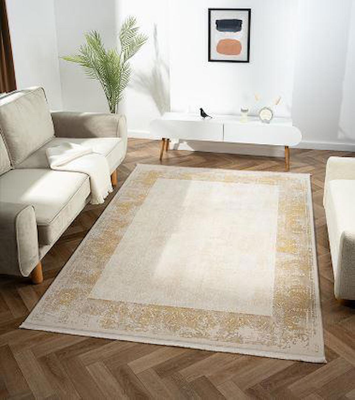 Çam Halı Karen KN006B Altın 7 mm Polyester Silinebilir Yıkanabilir Orta Dikdörtgen Makine Dokuma Salon Halısı 80x300 cm