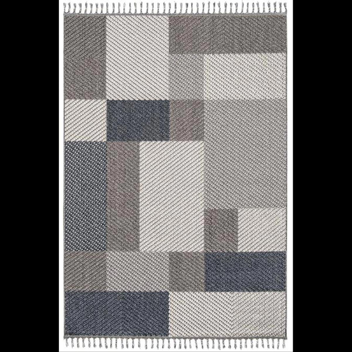 Hoom Rugs Bukle 1403 Gri-Mavi 7 mm Polipropilen Antialerjenik Yıkanabilir Orta Kaymaz Geometrik Dikdörtgen Makine Dokuma Salon Halısı 80x80 cm