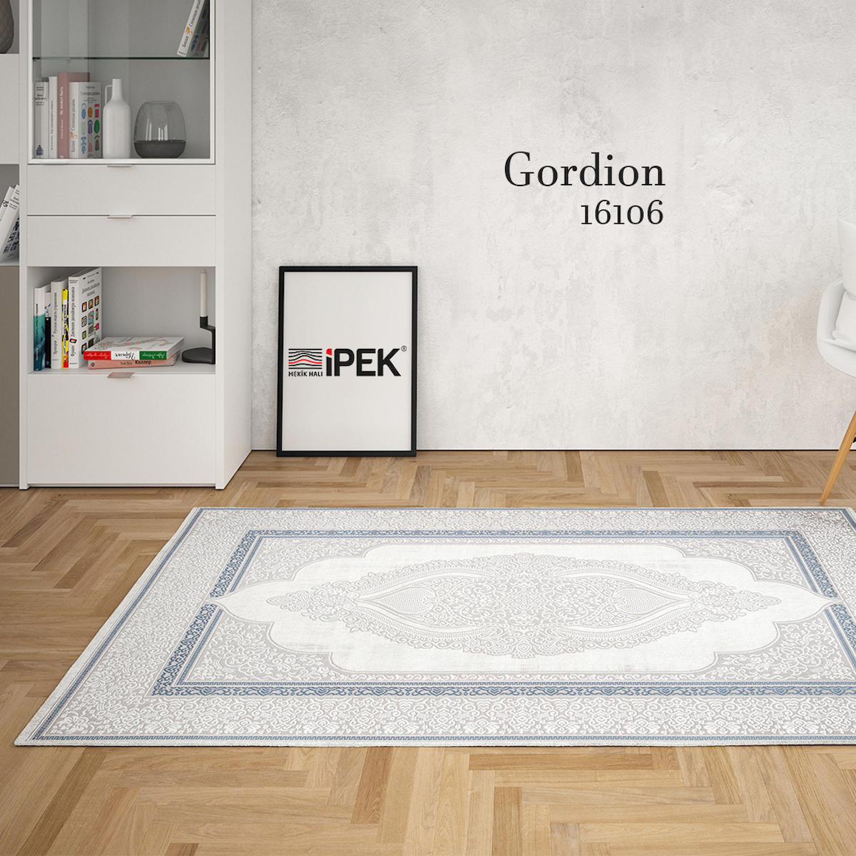 İpek Mekik Halı Gordion Beyaz-Mavi 7 mm Polyester Antialerjenik-Antistatik Yıkanabilir Orta Kaymaz Pamuk Taban Dikdörtgen Makine Dokuma Antre-Çocuk Odası-Salon-Yatak Odası Halısı 120x180 cm