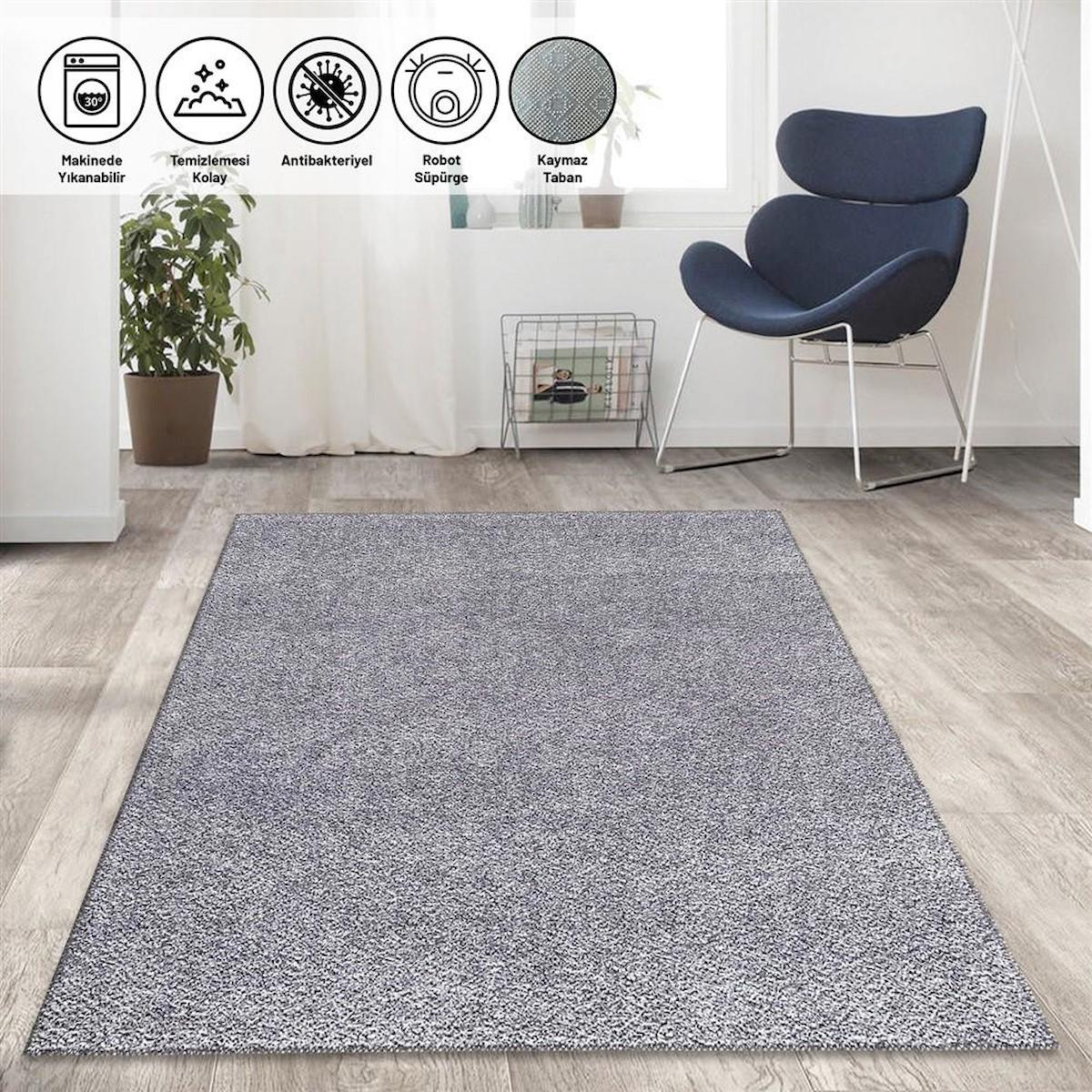 Carpettex Gri 6 mm Polyester Antibakteriyel Yıkanabilir İnce Kaymaz Dot Taban Dikdörtgen Makine Dokuma Salon Halısı 100x150 cm