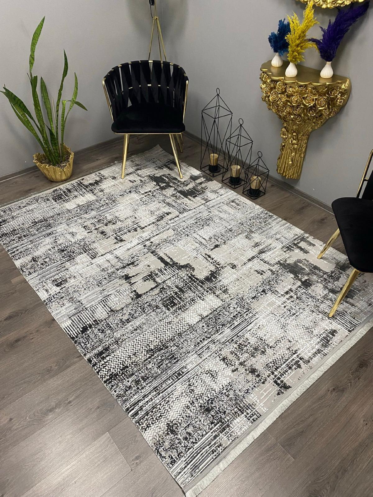 Halı Furyası Gri 8.5 mm Bambu Antibakteriyel Yıkanabilir Orta Kaymaz Dikdörtgen Makine Dokuma Oturma Odası-Salon Halısı 80x140 cm