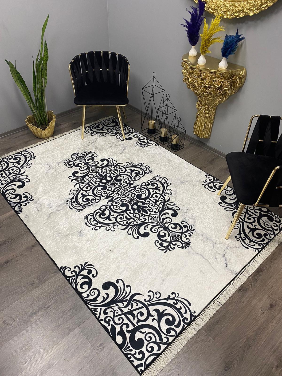 Halı Furyası Tako Krem-Siyah 8 mm Polyester Kir Tutmaz Yıkanabilir İnce Kaymaz Deri Taban Dikdörtgen Makine Dokuma Antre-Oturma Odası-Salon-Yatak Odası Halısı 120x200 cm