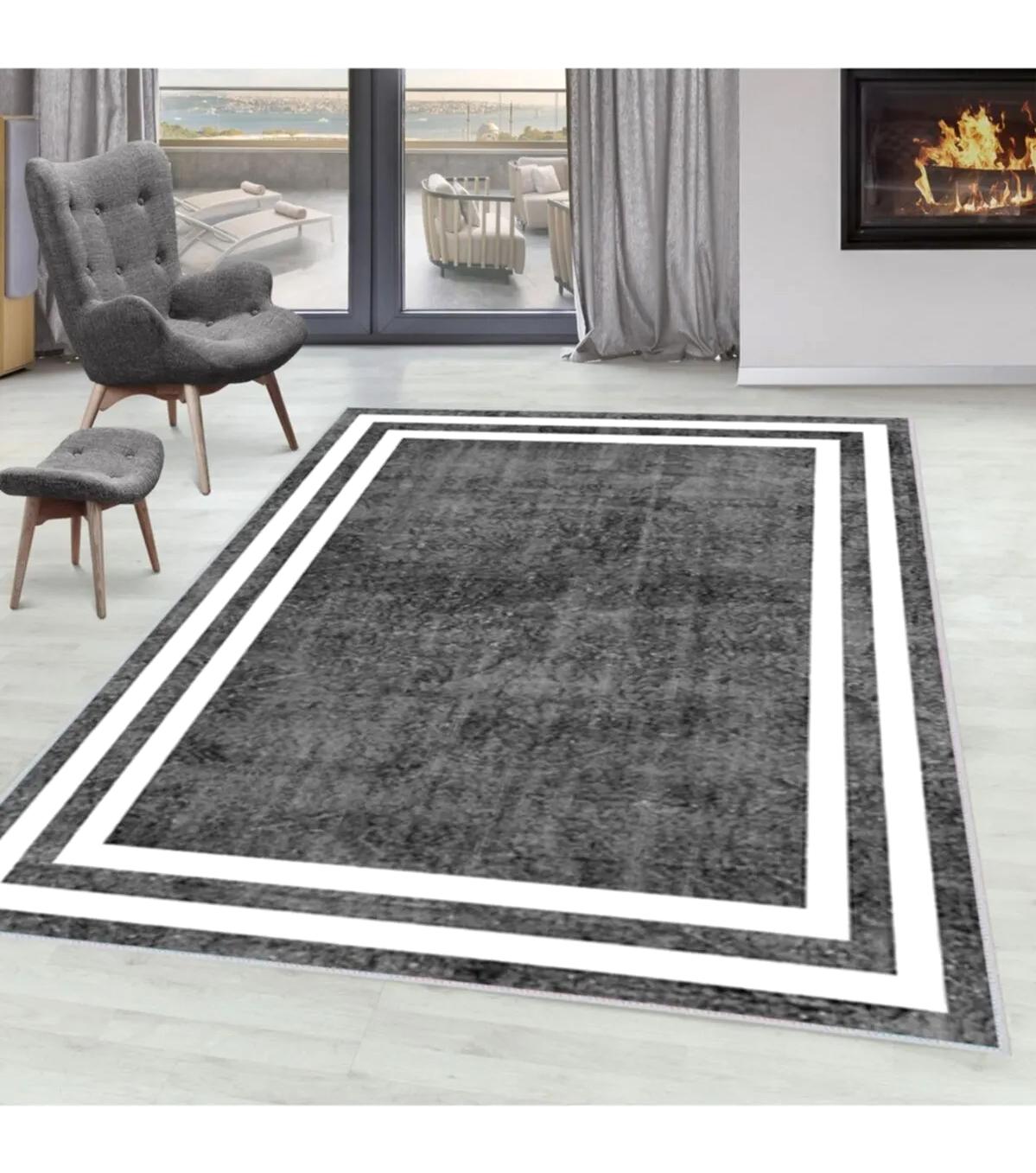 Rovigo Home RVG1575-HT575 Gri 8 mm Polyester Antibakteriyel-Leke Tutmaz-Toz Tutmaz Yıkanabilir İnce Kaymaz Dot Taban Dikdörtgen Makine Dokuma Salon Halısı 80x120 cm