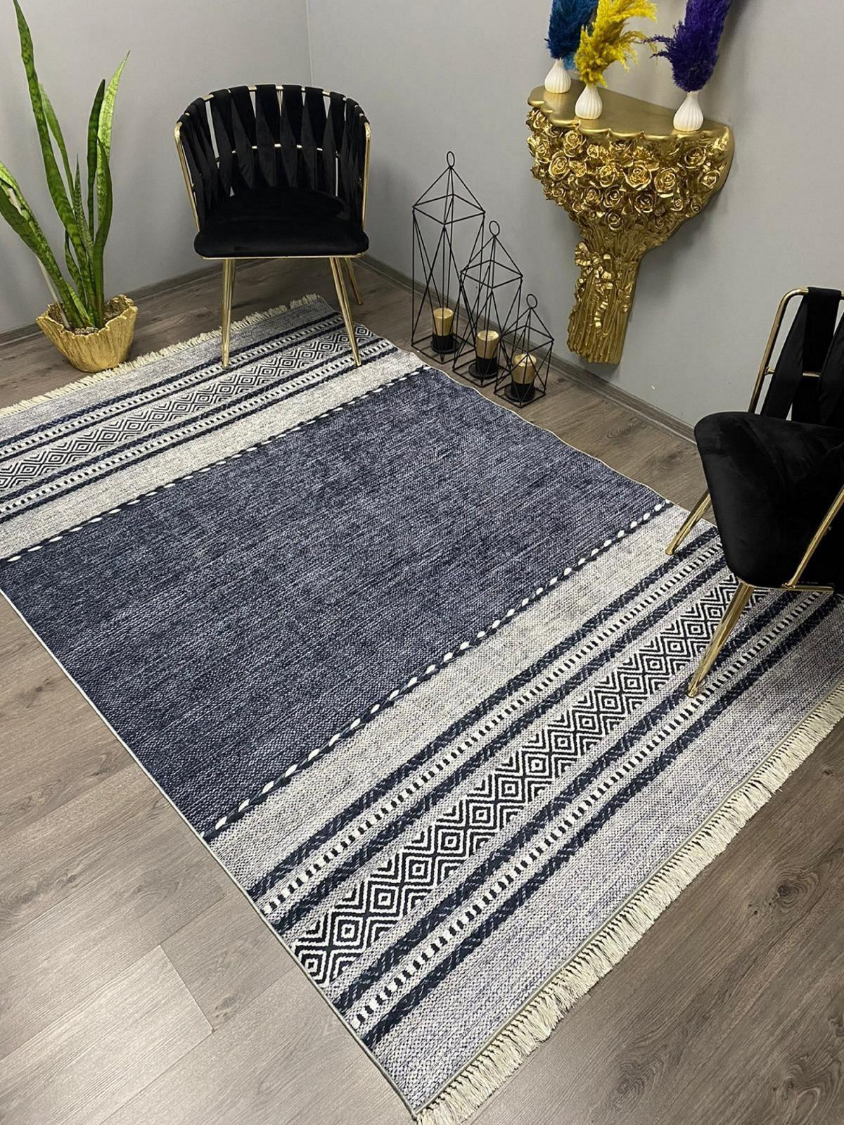 Halı Furyası Çok Renkli 8 mm Polyester Leke Tutmaz Yıkanabilir İnce Kaymaz Suni Deri Taban Dikdörtgen Makine Dokuma Antre-Oturma Odası-Salon-Yatak Odası Halısı 150x233 cm