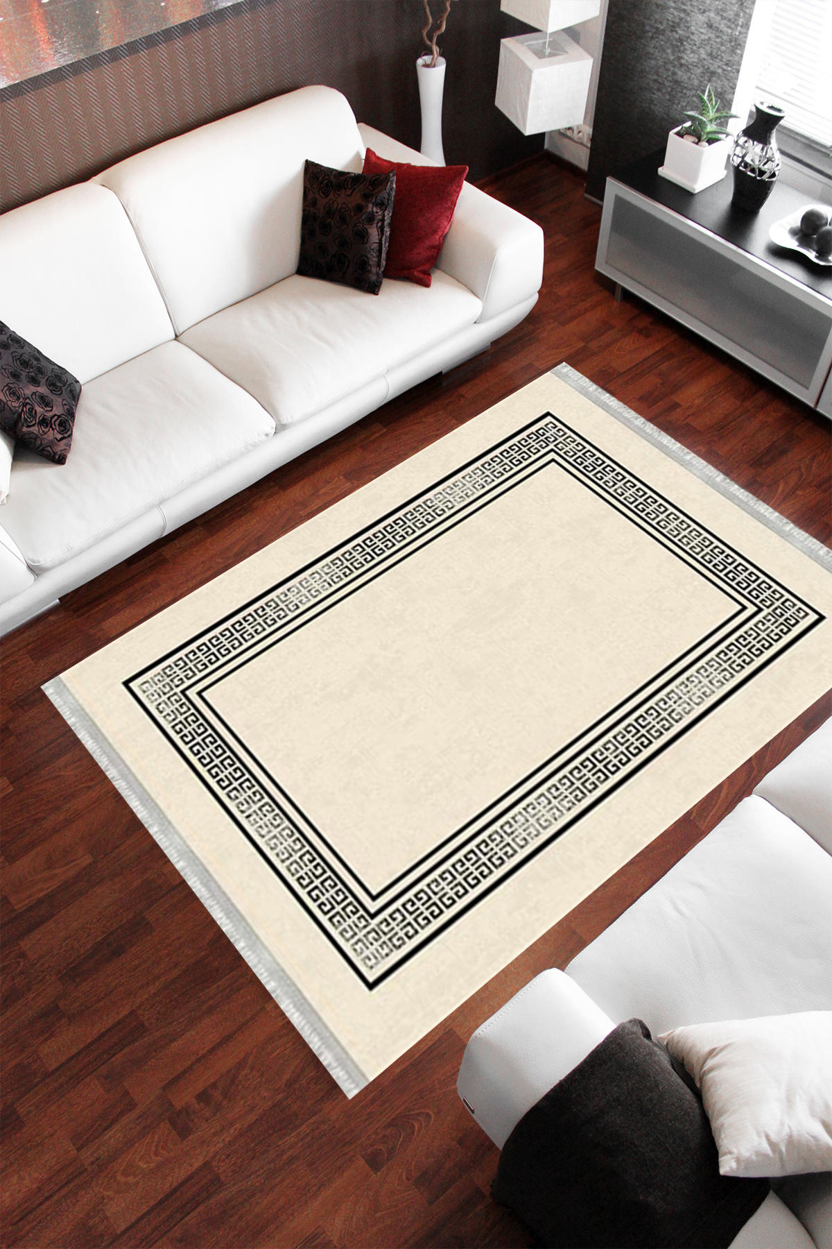 Homier Collection H-KS-3096A Beyaz - Siyah 7 mm Pamuk Antibakteriyel Yıkanabilir Orta Kaymaz Dot Taban Dikdörtgen Makine Dokuma Salon Halısı 100x150 cm