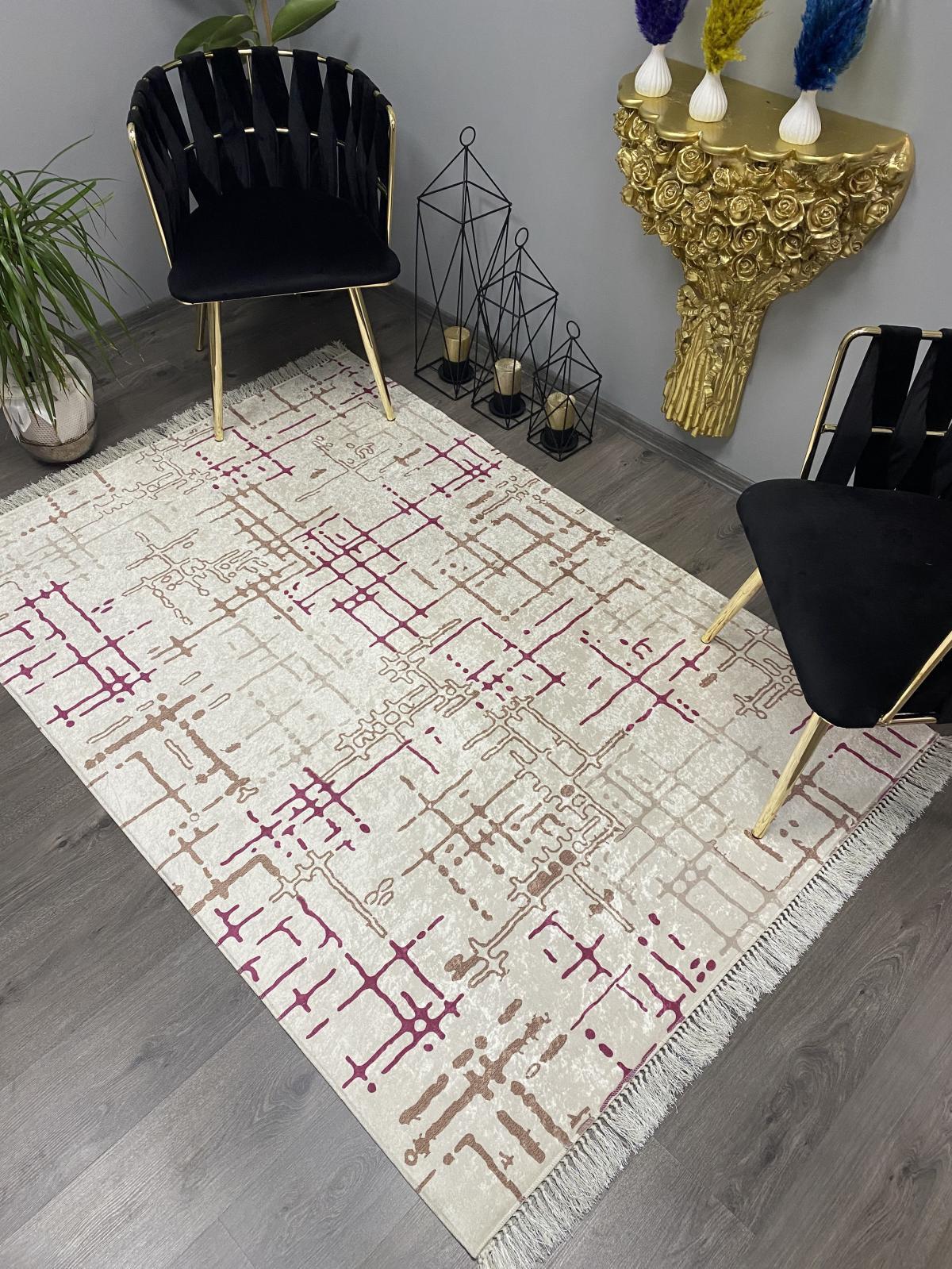 Halı Furyası Krem Yıkanabilir Kaymaz Deri Taban Dikdörtgen Makine Dokuma Salon Halısı 120x180 cm