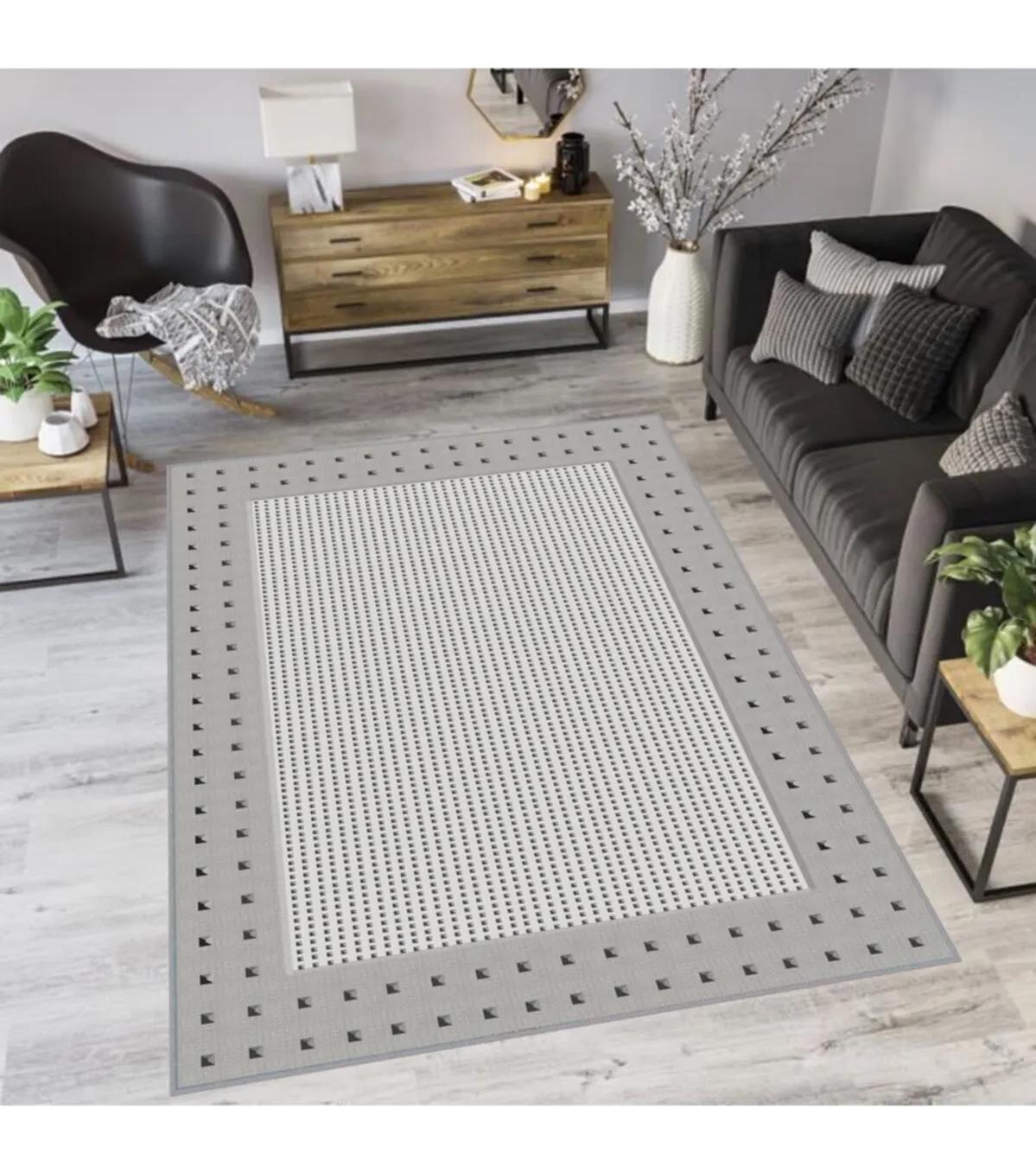 Rovigo Home RVG1047 Gri 8 mm Polyester Antibakteriyel-Leke Tutmaz-Toz Tutmaz Yıkanabilir İnce Kaymaz Dot Taban Dikdörtgen Makine Dokuma Salon Halısı 80x200 cm