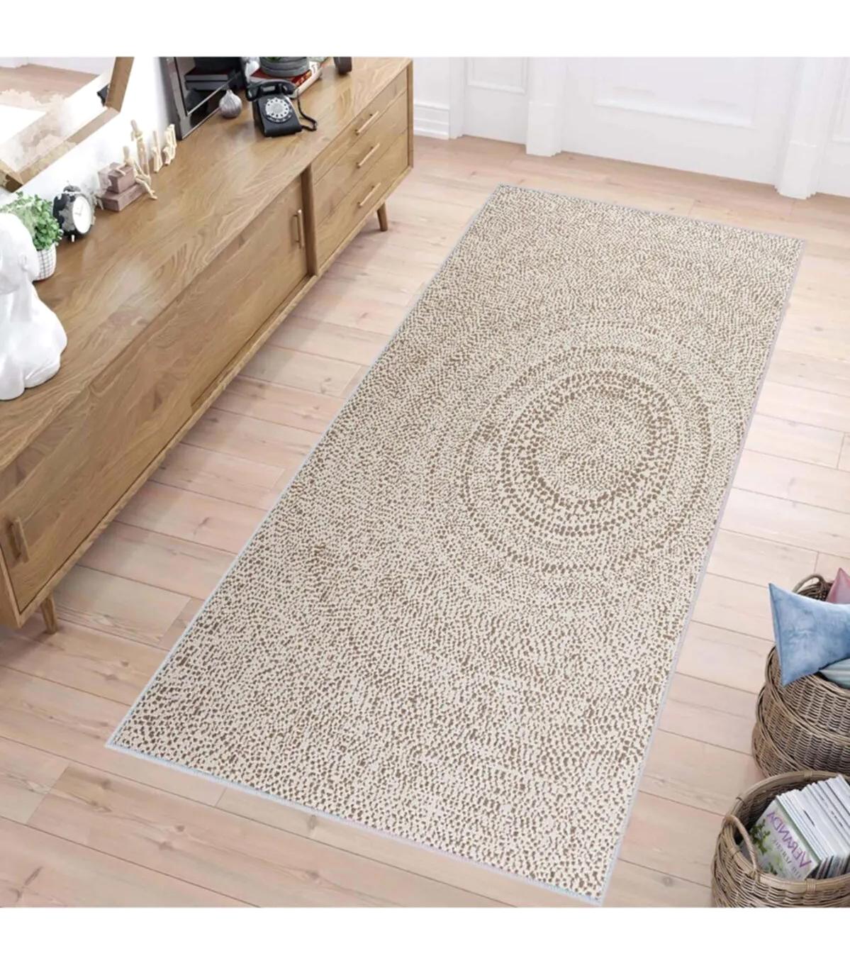 Rovigo Home RVG1473 Krem 8 mm Polyester Antibakteriyel-Leke Tutmaz-Toz Tutmaz Yıkanabilir İnce Kaymaz Dot Taban Dikdörtgen Makine Dokuma Salon Halısı 80x150 cm