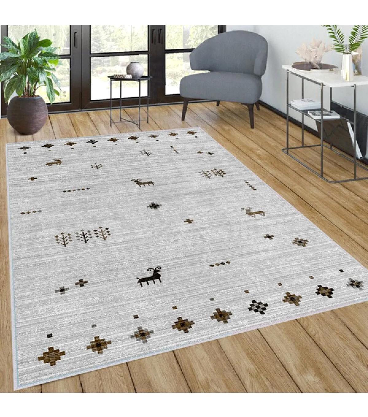 Rovigo Home RVG0037-SD1056 Gri 8 mm Polyester Antibakteriyel Yıkanabilir Orta Kaymaz Dot Taban Dikdörtgen Makine Dokuma Salon Halısı 120x180 cm