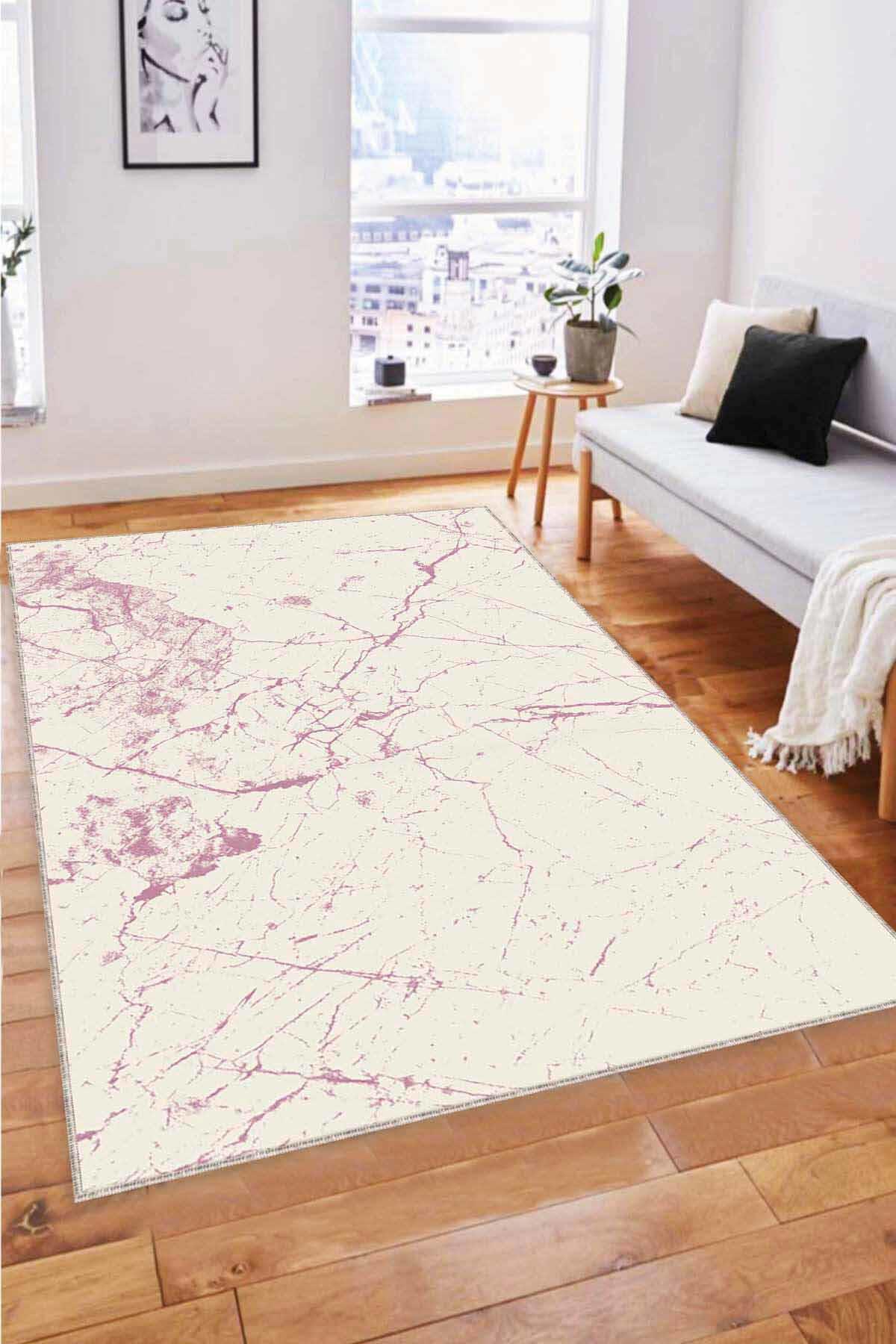 Viva Home MR04 Pembe 7 mm Mikropolyester Leke Tutmaz Yıkanabilir İnce Kaymaz Dot Taban Dikdörtgen Makine Dokuma Salon Halısı 80x150 cm