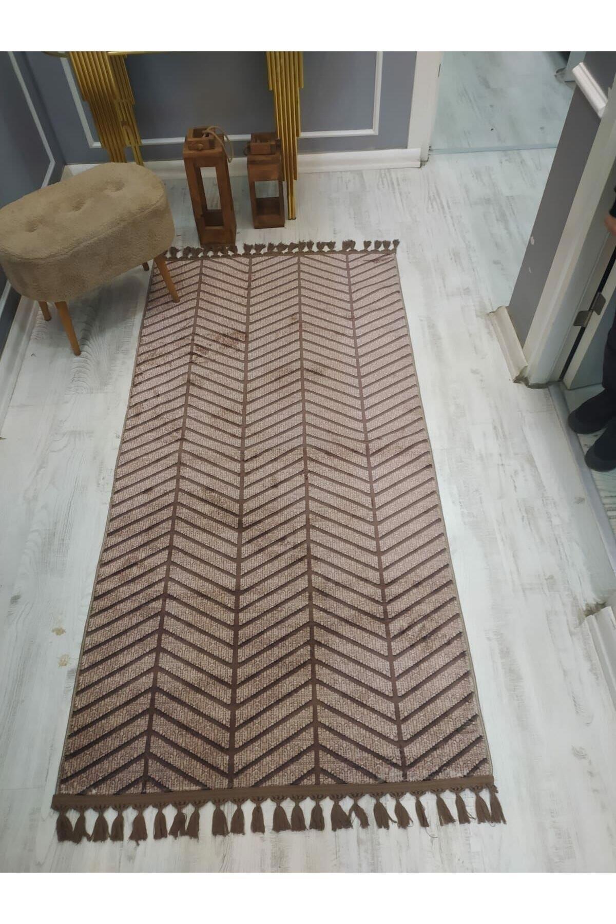 Doruklar Home Collection Kahverengi 0.7 mm Yıkanabilir Kaymaz Taban Geometrik Dikdörtgen Makine Dokuma Halı 100x300 cm