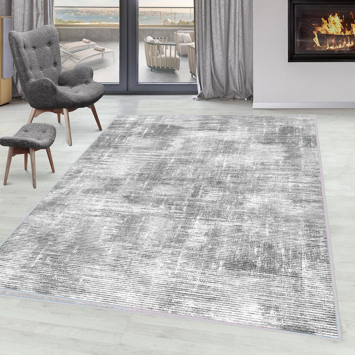 Rovigo Home RVG1604 Gri 8 mm Polyester Antibakteriyel-Leke Tutmaz-Toz Tutmaz Yıkanabilir İnce Kaymaz Dot Taban Dikdörtgen Makine Dokuma Salon Halısı 160x230 cm