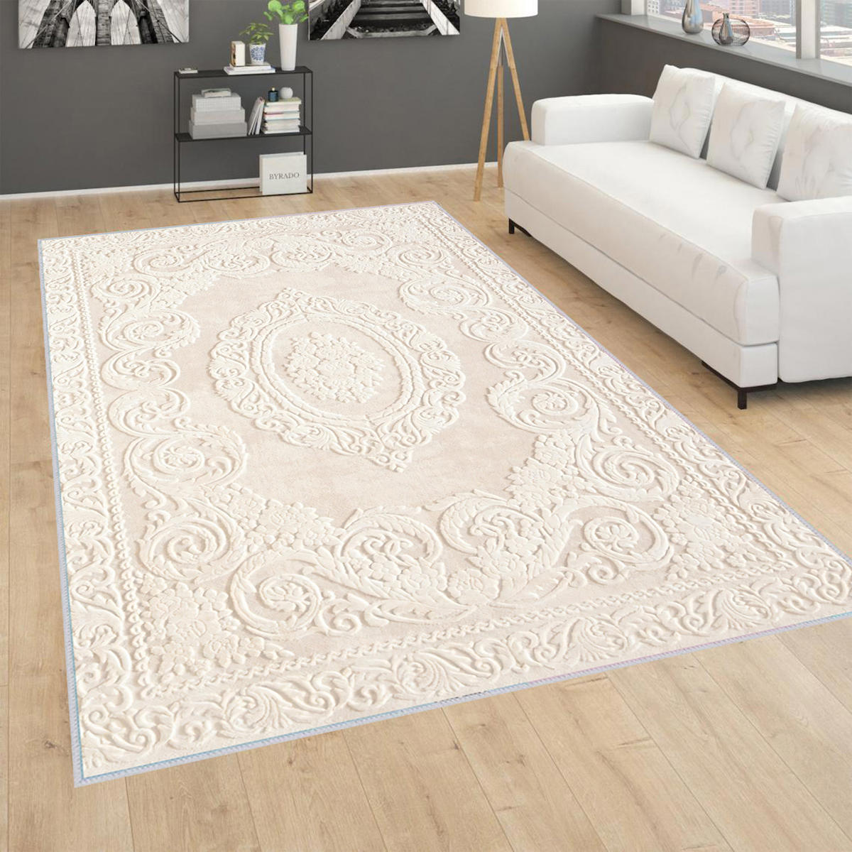 Rovigo Home RVG1678 Krem 8 mm Polyester Antibakteriyel-Leke Tutmaz-Toz Tutmaz Yıkanabilir İnce Kaymaz Dot Taban Dikdörtgen Makine Dokuma Salon Halısı 80x80 cm