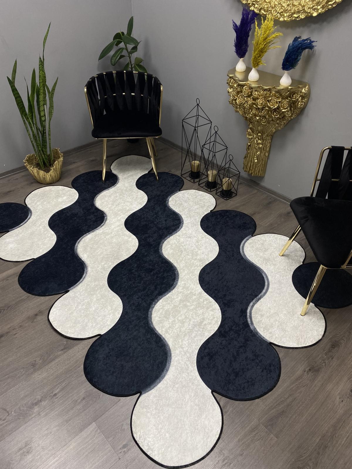 Halı Furyası Beyaz - Siyah 12 mm Polyester Antialerjenik Yıkanabilir İnce Kaymaz Dot Taban Makine Dokuma Salon Halısı 200x290 cm