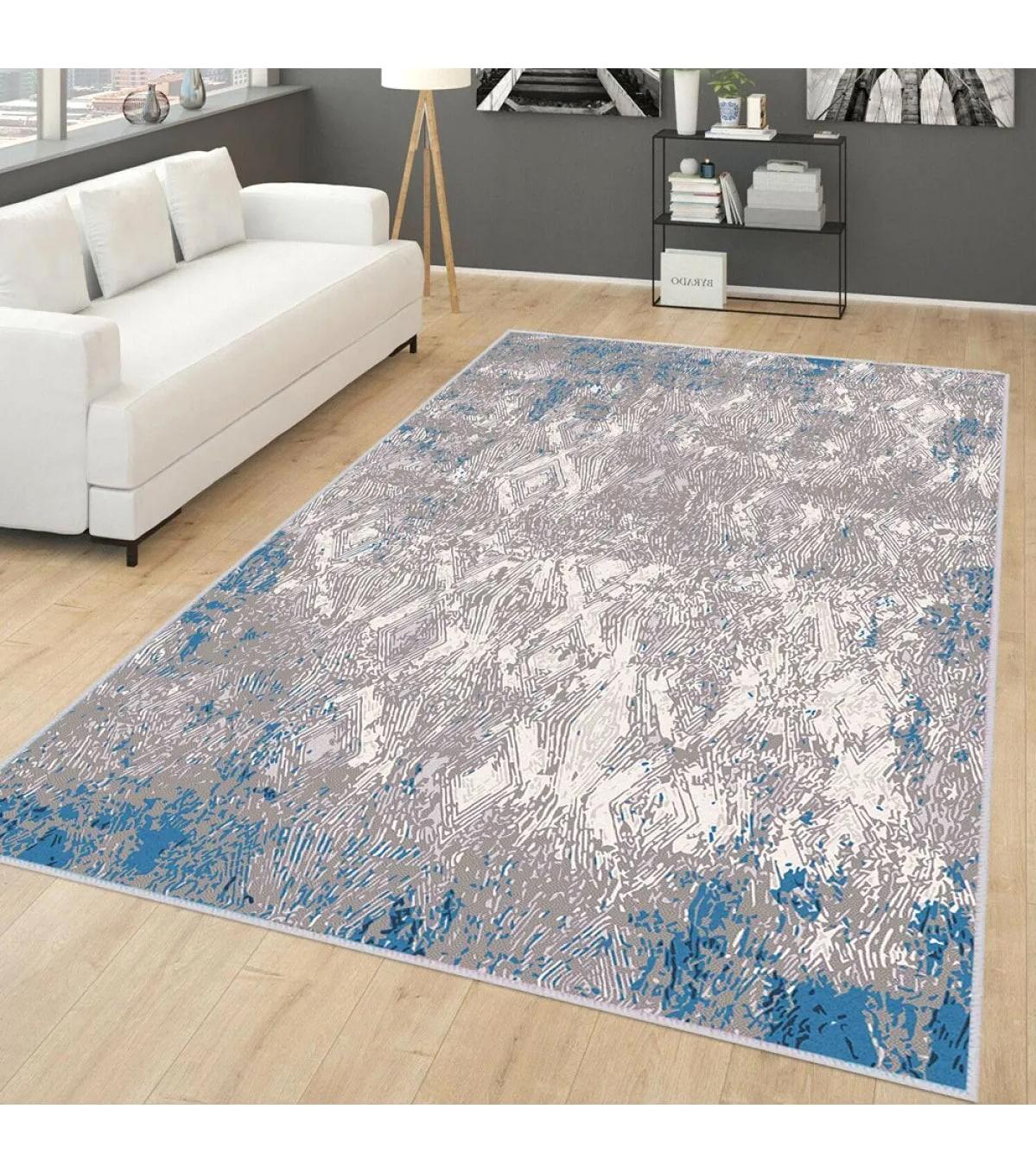 Rovigo Home RVG0265 Gri-Mavi 8 mm Polyester Antibakteriyel-Leke Tutmaz-Toz Tutmaz Yıkanabilir İnce Kaymaz Dot Taban Dikdörtgen Makine Dokuma Salon Halısı 100x150 cm