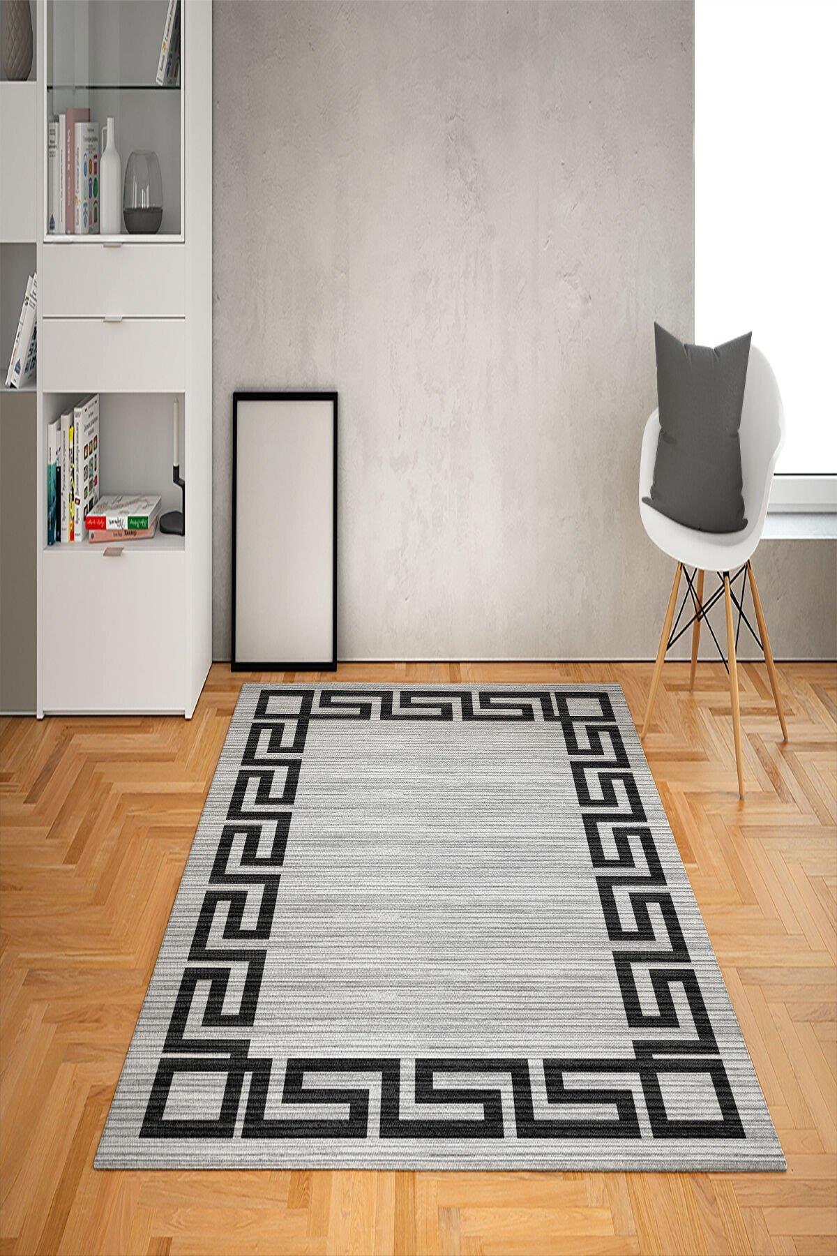 Doruklar Home Collection Gri-Siyah 0.7 mm Antibakteriyel Yıkanabilir Kalın Kaymaz Taban Geometrik Dikdörtgen Makine Dokuma Salon Halısı 240x340 cm