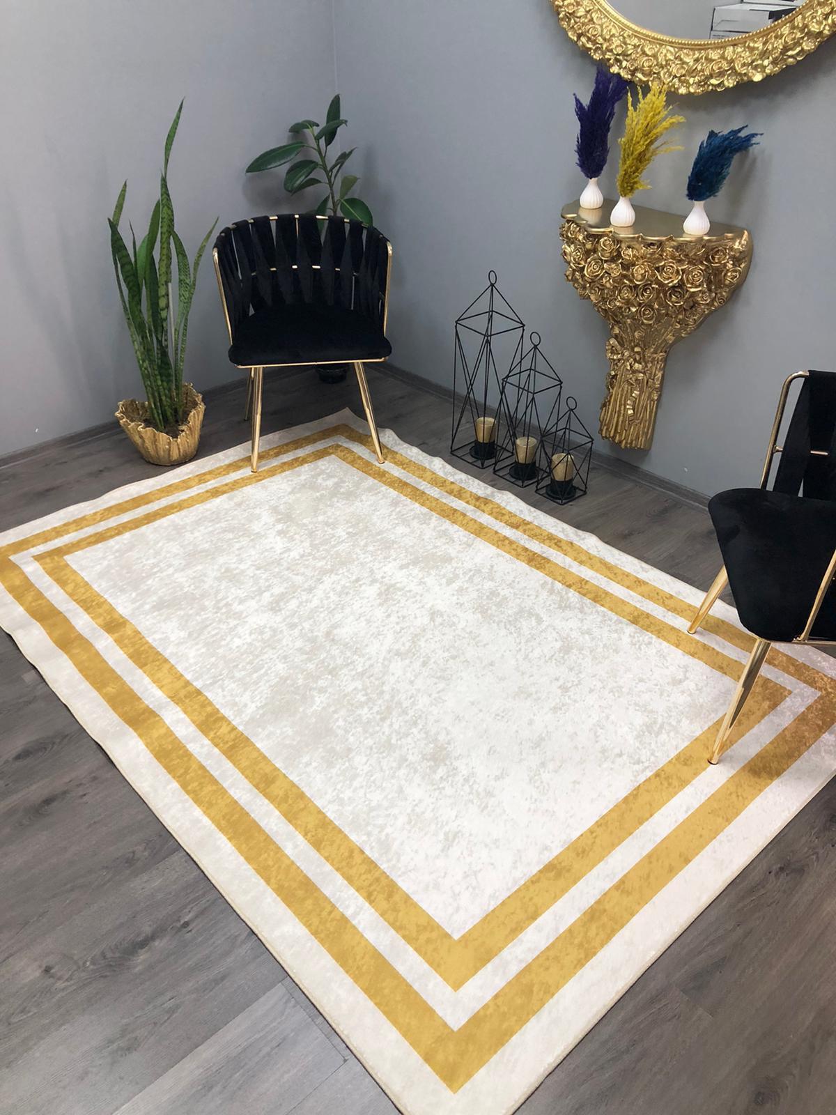 Halı Furyası Altın - Beyaz 8 mm Polyester Yıkanabilir Orta Kaymaz Deri Taban Dikdörtgen Makine Dokuma Salon Halısı 60x190 cm