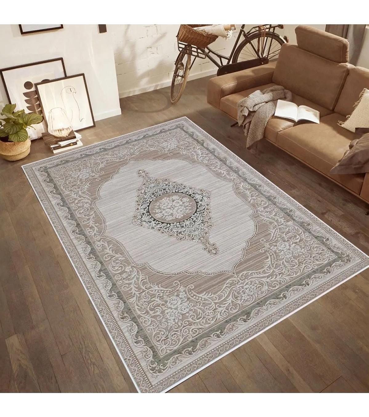 Rovigo Home RVG0552 Bej-Kahverengi 8 mm Polyester Leke Tutmaz-Toz Tutmaz Yıkanabilir İnce Kaymaz Dot Taban Dikdörtgen Makine Dokuma Salon Halısı 100x300 cm