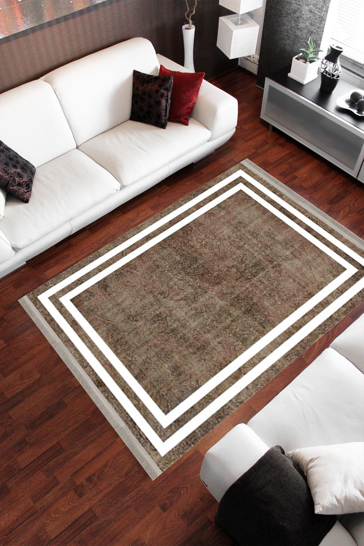 Homier Collection H-MD-0070A Beyaz Kahverengi 7 mm Pamuk Antibakteriyel Yıkanabilir Orta Kaymaz Dot Taban Dikdörtgen Makine Dokuma Salon Halısı 100x180 cm