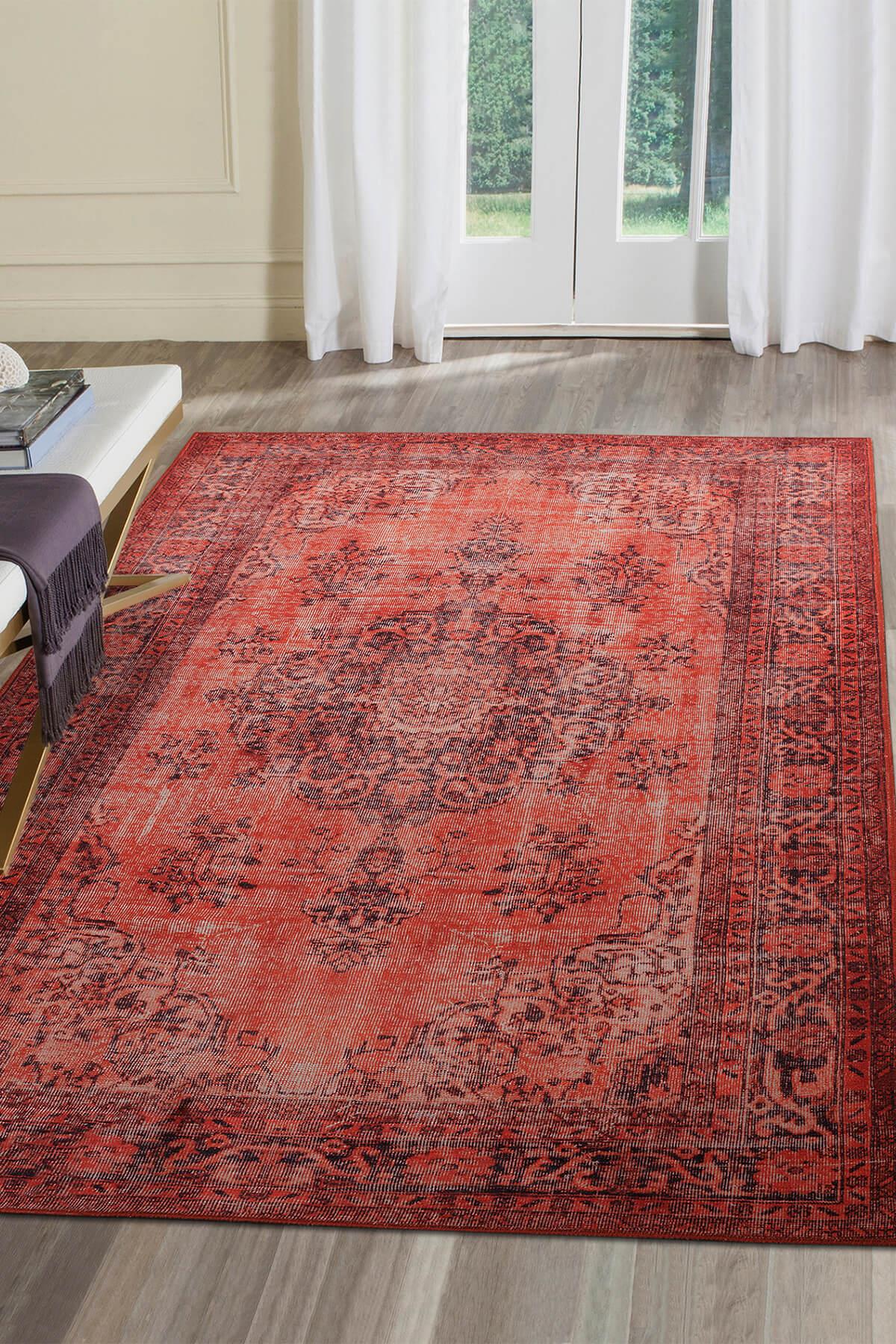 Artloop AL-131 Kırmızı 4 mm Polyester Yıkanabilir İnce Kaymaz Jüt Taban Dikdörtgen Makine Dokuma Salon Halısı 160x230 cm