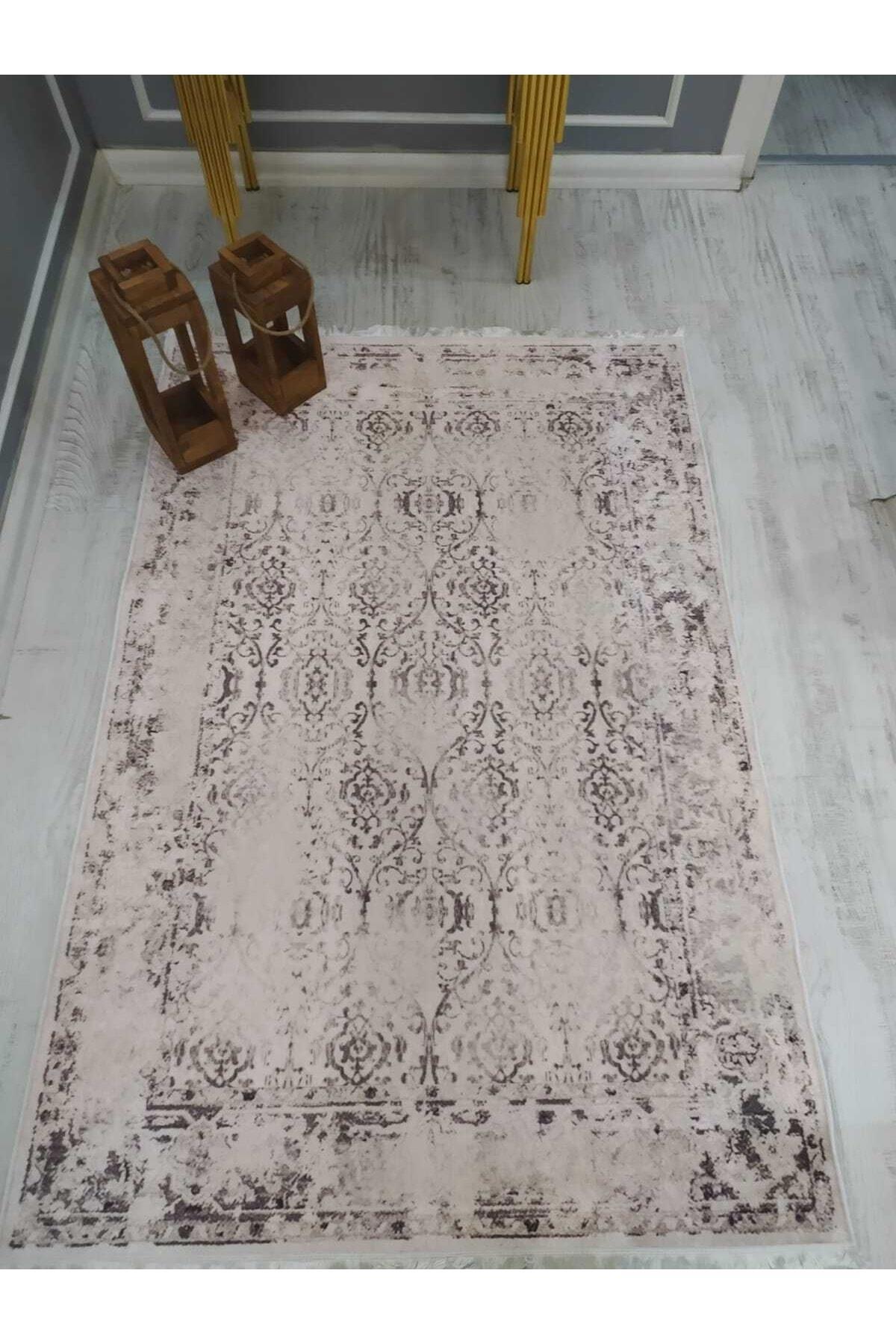 Doruklar Home Collection DRK8065 Kahverengi - Krem 0.7 mm Silinebilir Yıkanabilir İnce Kaymaz Dot Taban Dikdörtgen Makine Dokuma Salon Halısı 100x200 cm