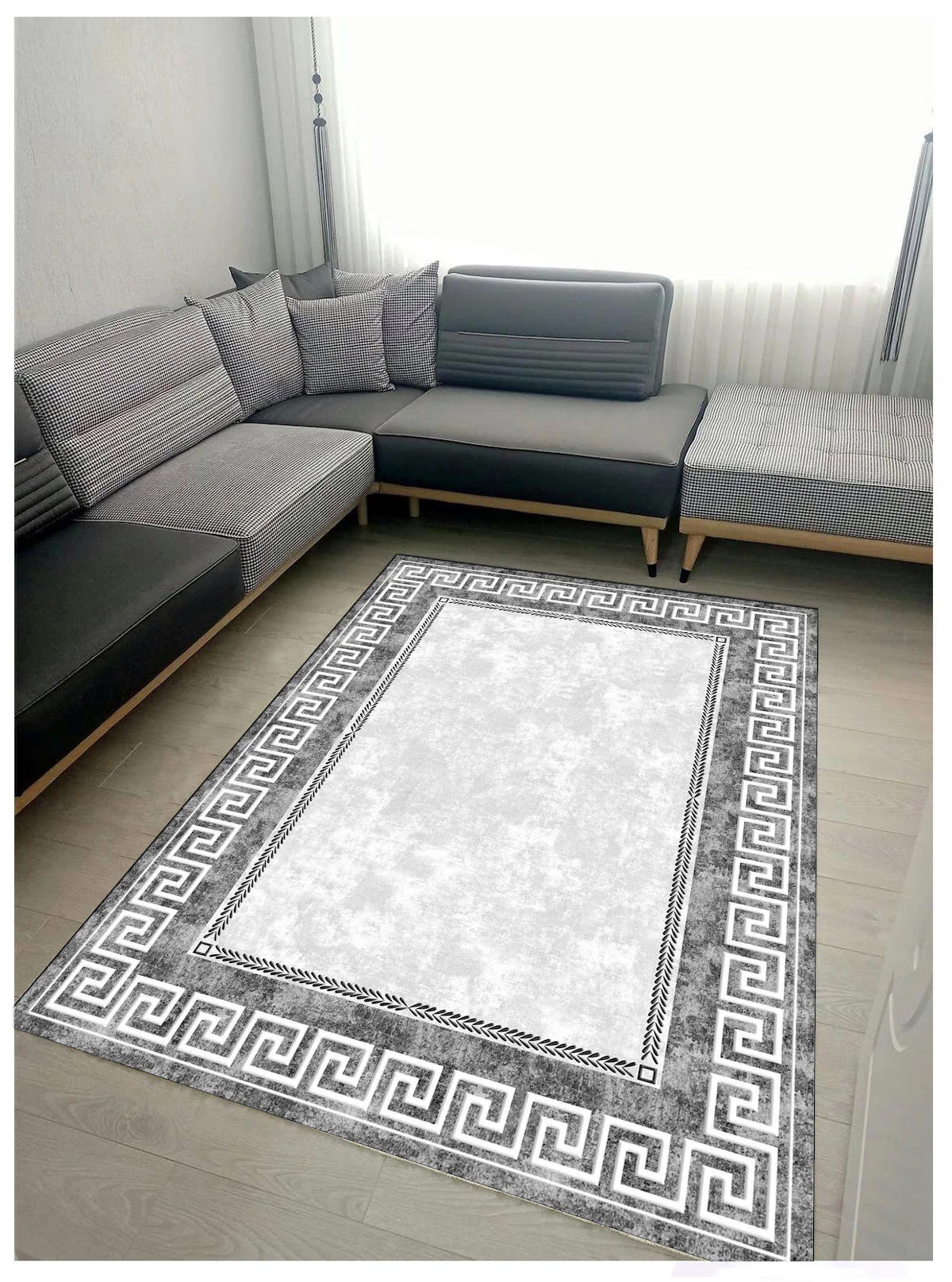 Sty Home Gri 0.8 mm Antibakteriyel Yıkanabilir İnce Kaymaz Taban Dikdörtgen Makine Dokuma Salon Halısı 200x300 cm