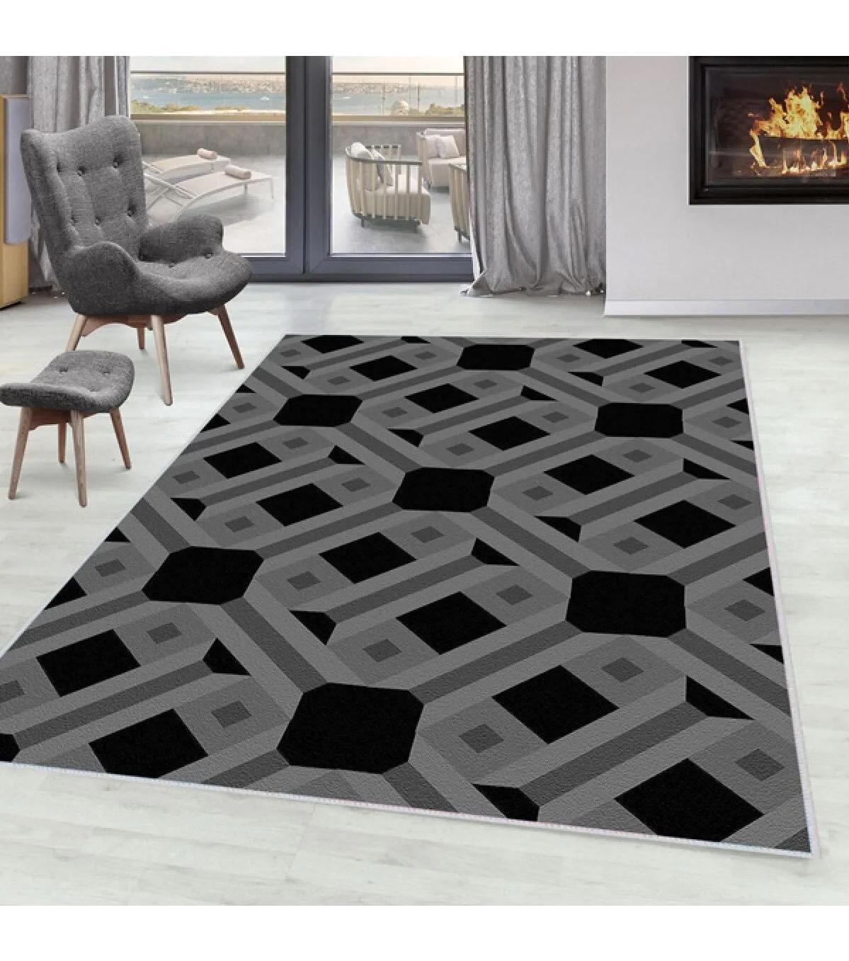 Rovigo Home RVG0051-SD1155 Gri-Siyah 8 mm Polyester Yıkanabilir Orta Kaymaz Dot Taban Dikdörtgen Makine Dokuma Salon Halısı 120x180 cm