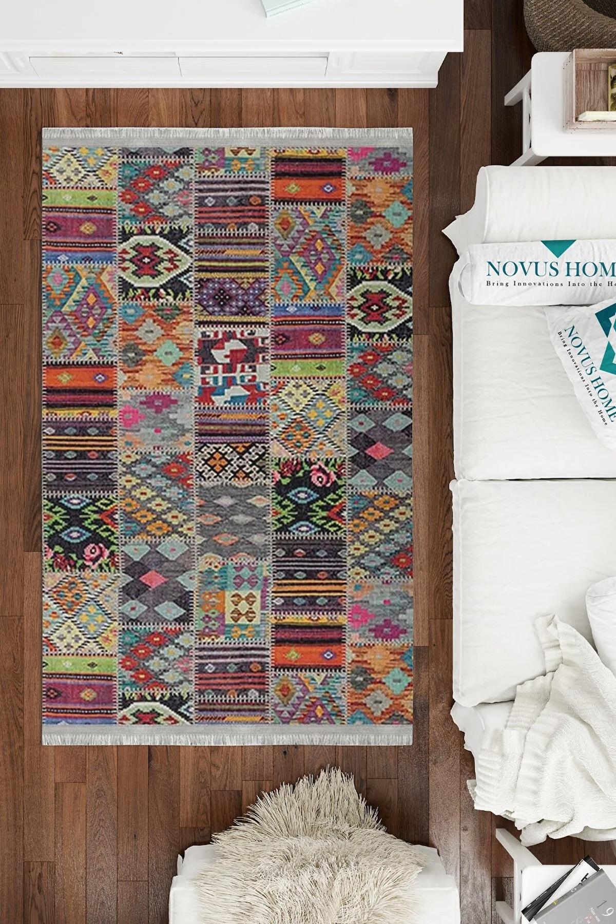 Novus Home Cotton Serisi Çok Renkli 5 mm Pamuk Antibakteriyel-Toz Tutmaz-Yalıtıma Yardımcı Yıkanabilir İnce Kaymaz Taban Dikdörtgen Makine Dokuma Antre-Salon-Yatak Odası Halısı 120x180 cm