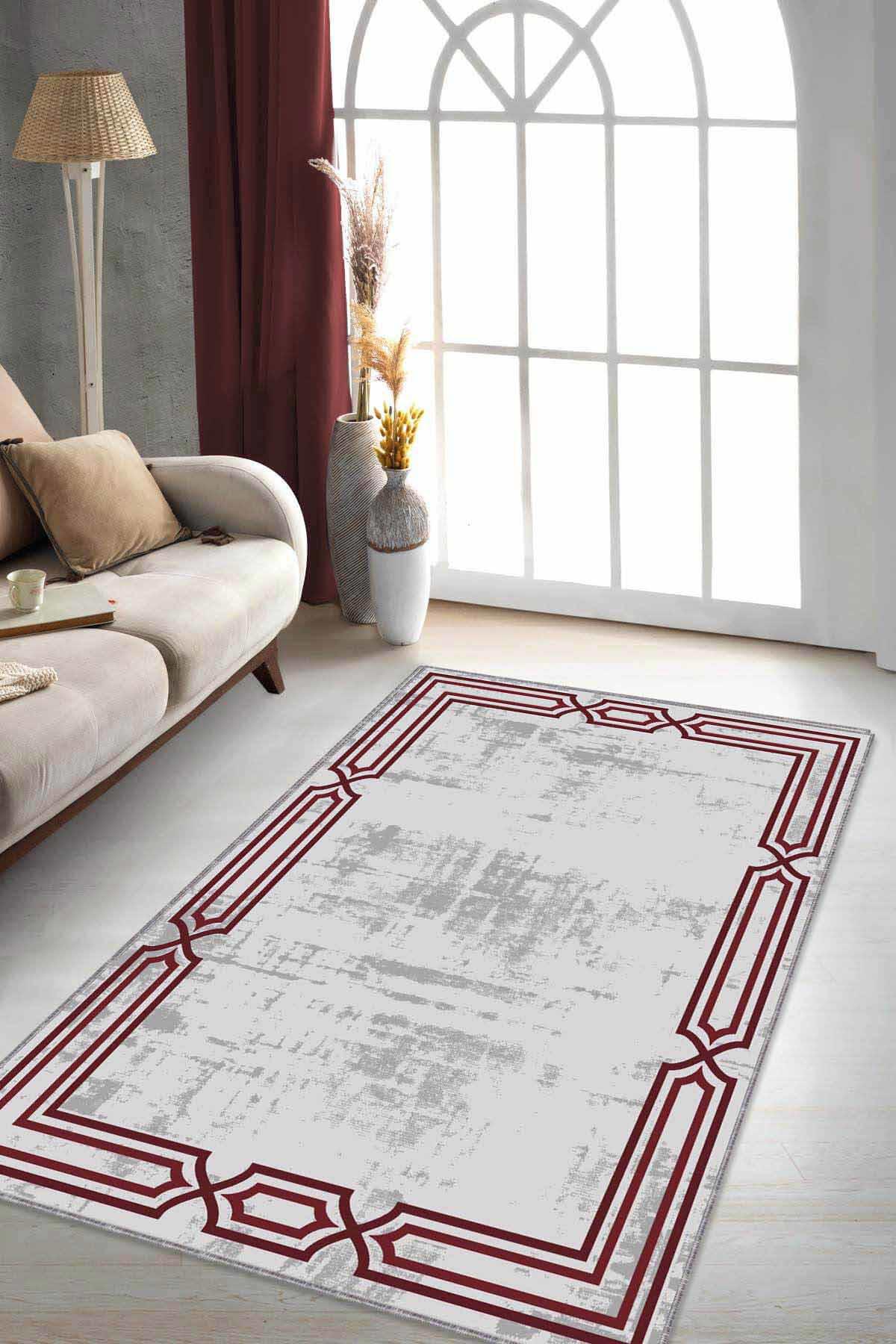 Viva Home RV079 Bordo 7 mm Mikropolyester Leke Tutmaz-Toz Tutmaz Yıkanabilir Orta Kaymaz Dot Taban Dikdörtgen Makine Dokuma Salon Halısı 100x200 cm