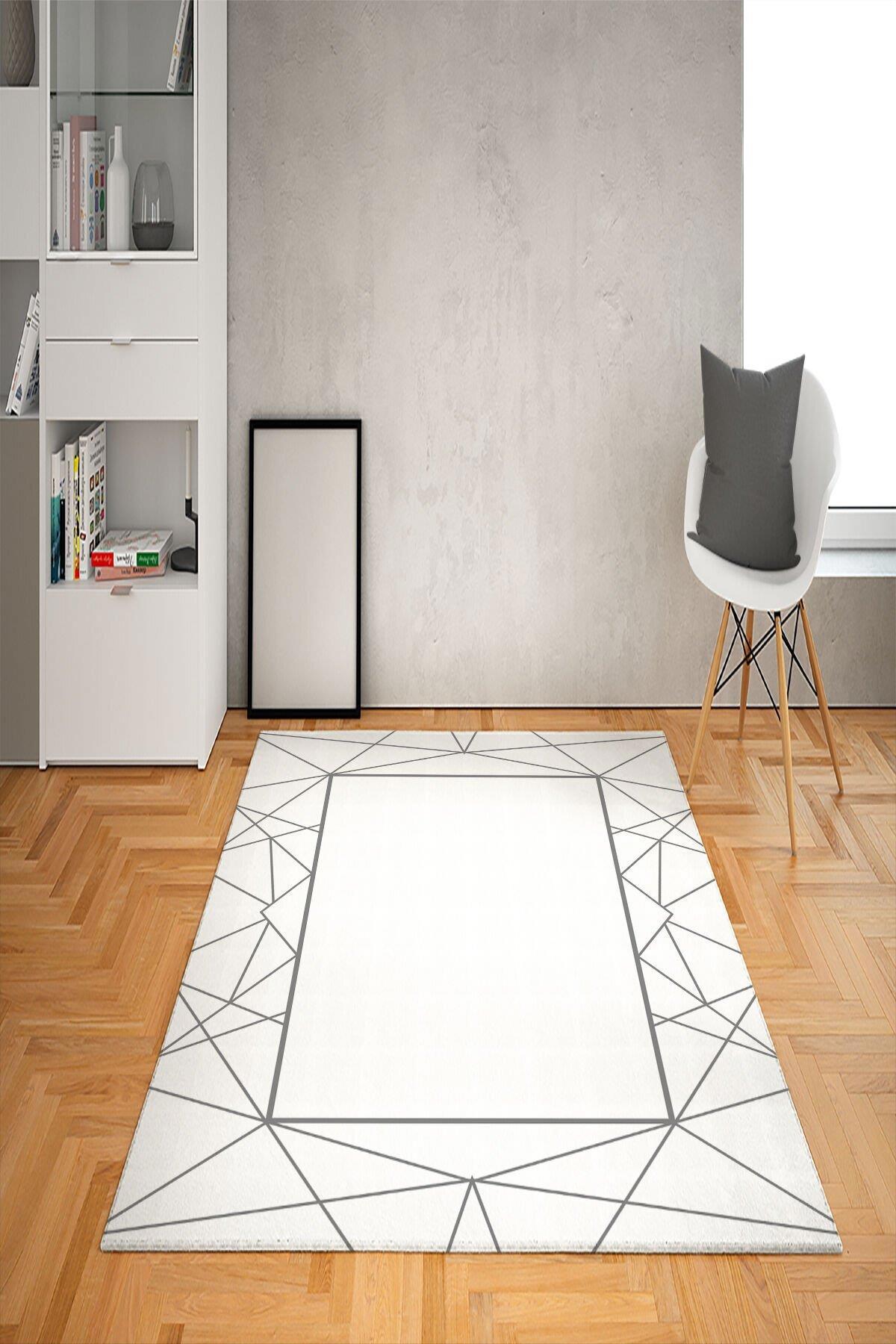 Doruklar Home Collection Krem 0.7 mm Antibakteriyel Yıkanabilir Kalın Kaymaz Taban Geometrik Dikdörtgen Makine Dokuma Salon Halısı 120x180 cm